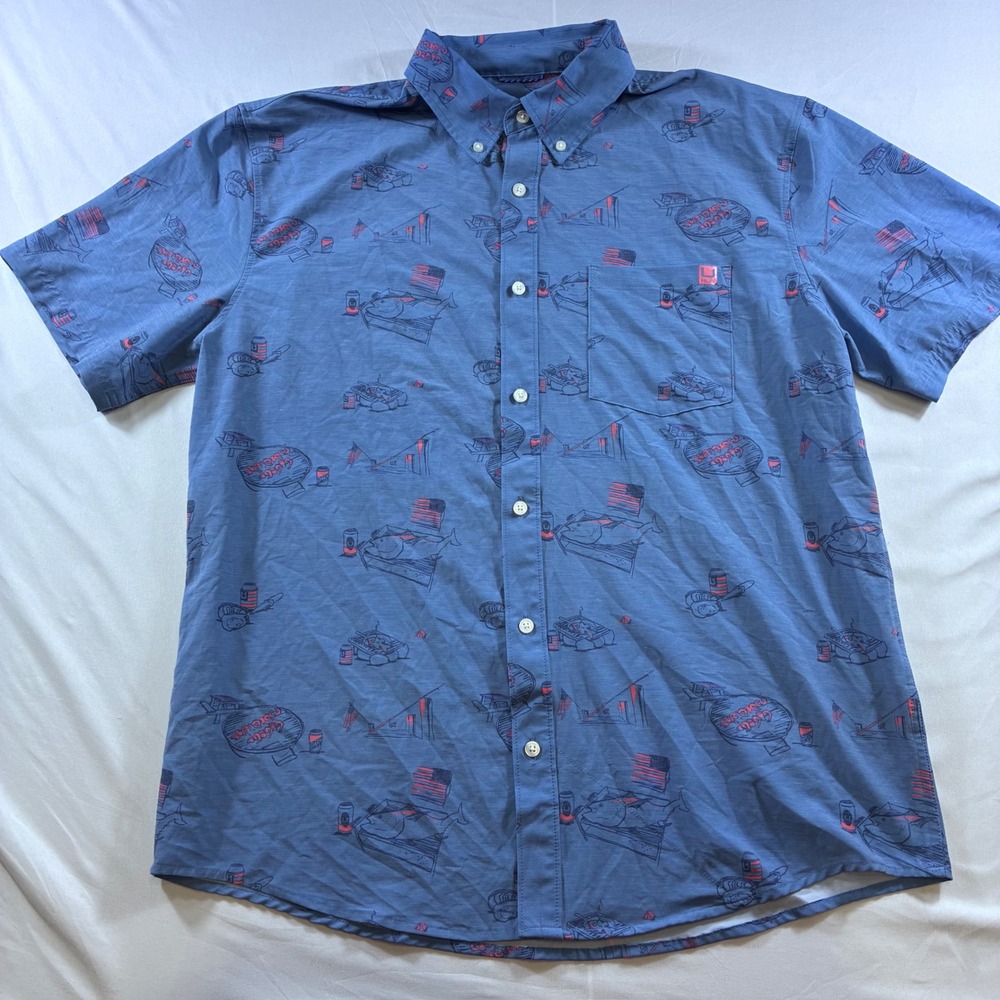 Huk Fishing Mens Large Blue Short Sleeve Button Down Graphic Fishing Shirt L